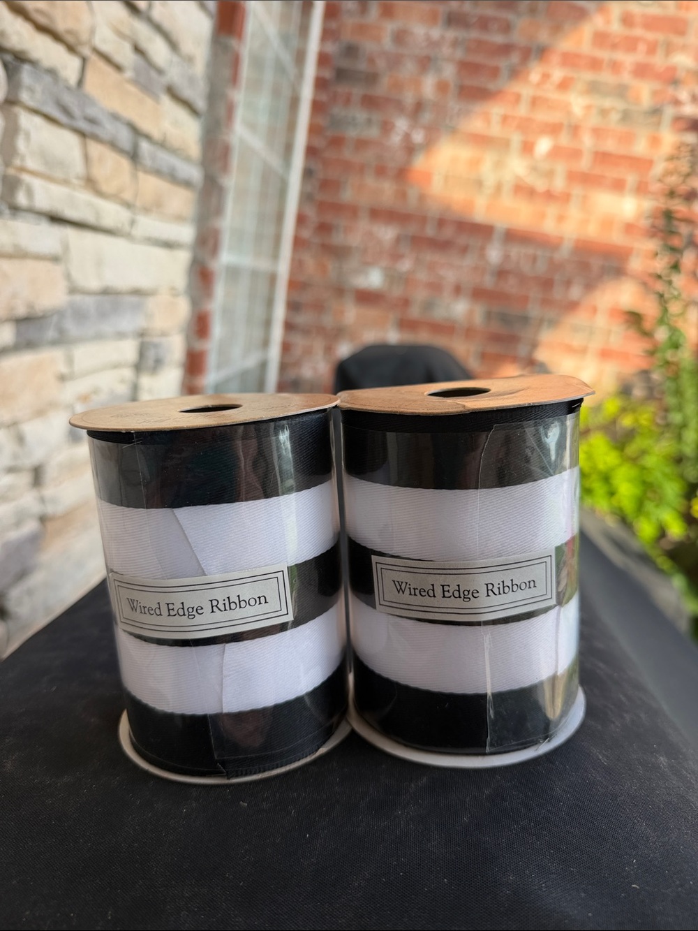 Wired Edge Ribbon by - Robert Stanley White with Black Trim